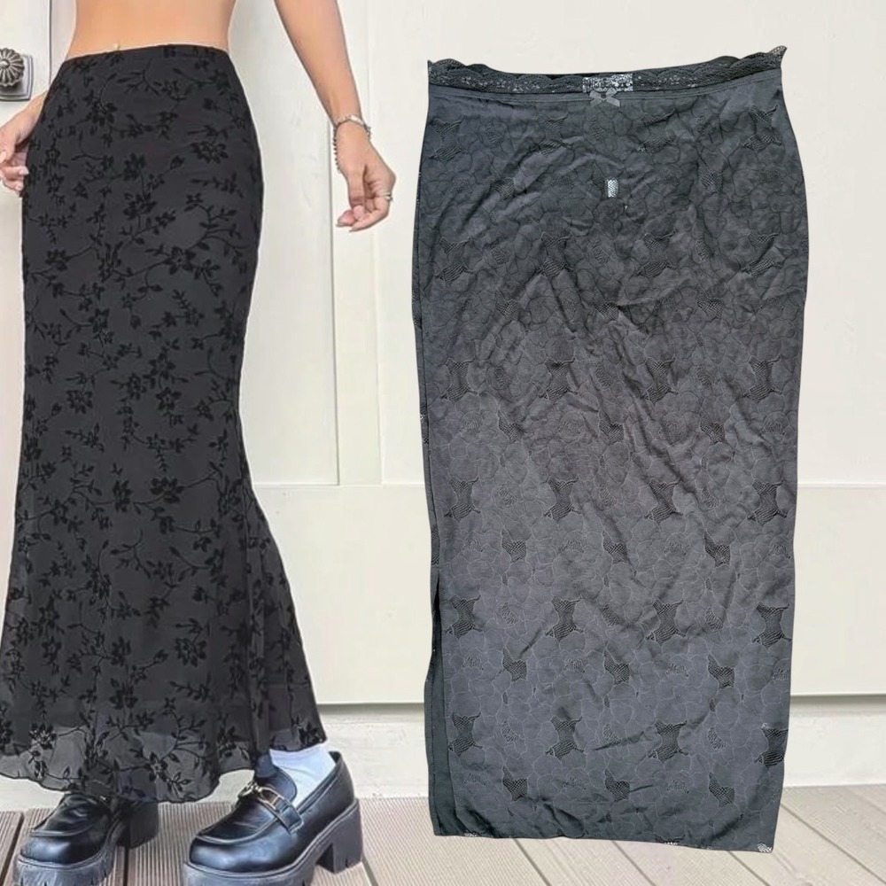 Rita Ora x Primark Lace Trim Sheer Floral Maxi Skirt Black Medium